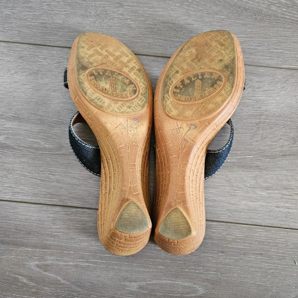 Italian Shoemakers Womens 10 Denim Double Strap Wedge Sandals Made in Italy Blue